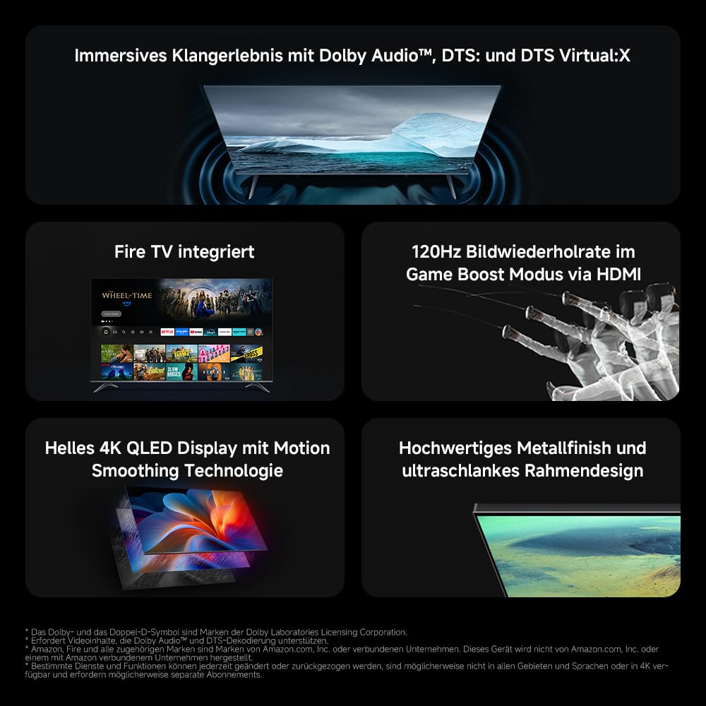 XIAOMI F2 Smart Fire TV 43 Zoll, 108 cm Fernseher (4K UHD, HDR10, Rahmenloses Metallgehäuse, Prime Video, Netflix, Alexa Sprachsteuerung, HDMI 2.1, Bluetooth, USB, Triple Tuner) Modelljahr:2022