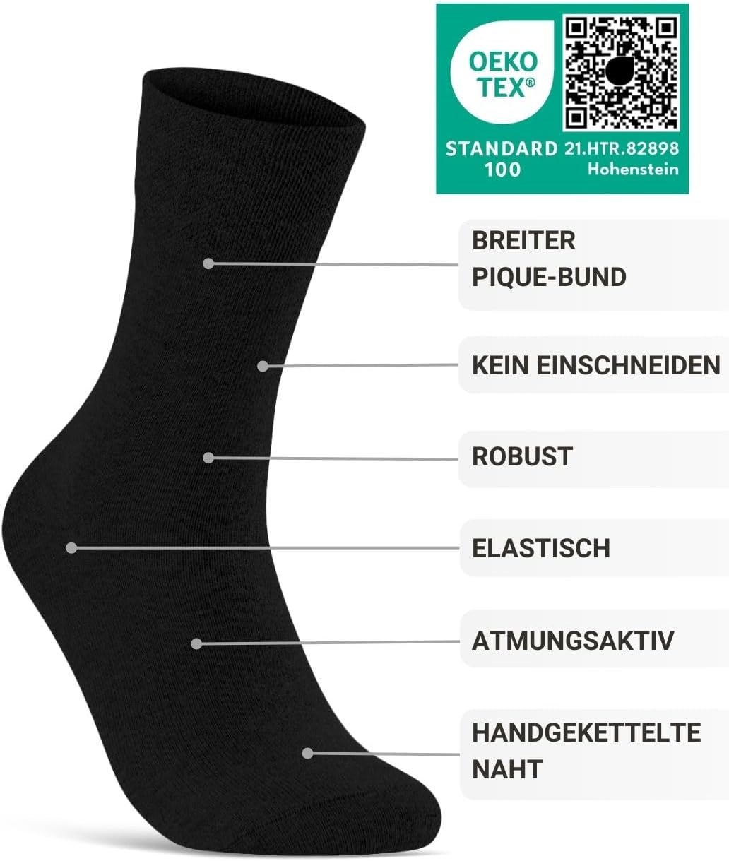 sockenkauf24 10 Paar Diabetikersocken für Herren & Damen ohne Gummibund & ohne Naht aus Baumwolle Diabetiker Socken mit Komfortbund ohne Gummi