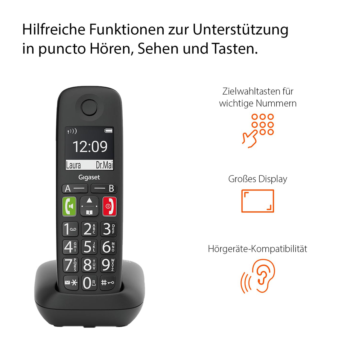 Gigaset E290A Duo - 2 Schnurlose Senioren DECT-Telefone mit Anrufbeantworter - großen Tasten und Display, Zielwahltasten für wichtige Nummern, Verstärker-Funktion für extra lautes Hören, schwarz
