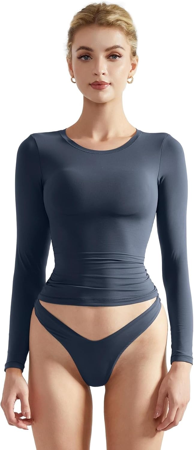 SUUKSESS Women Double Lined Fitted Basic T Shirts Crew Neck Long Sleeve Crop Top