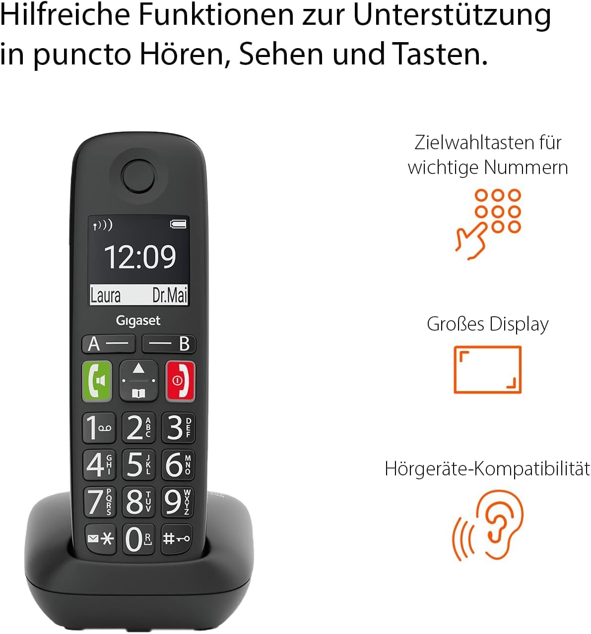Gigaset E290A Duo - 2 Schnurlose Senioren DECT-Telefone mit Anrufbeantworter - großen Tasten und Display, Zielwahltasten für wichtige Nummern, Verstärker-Funktion für extra lautes Hören, schwarz