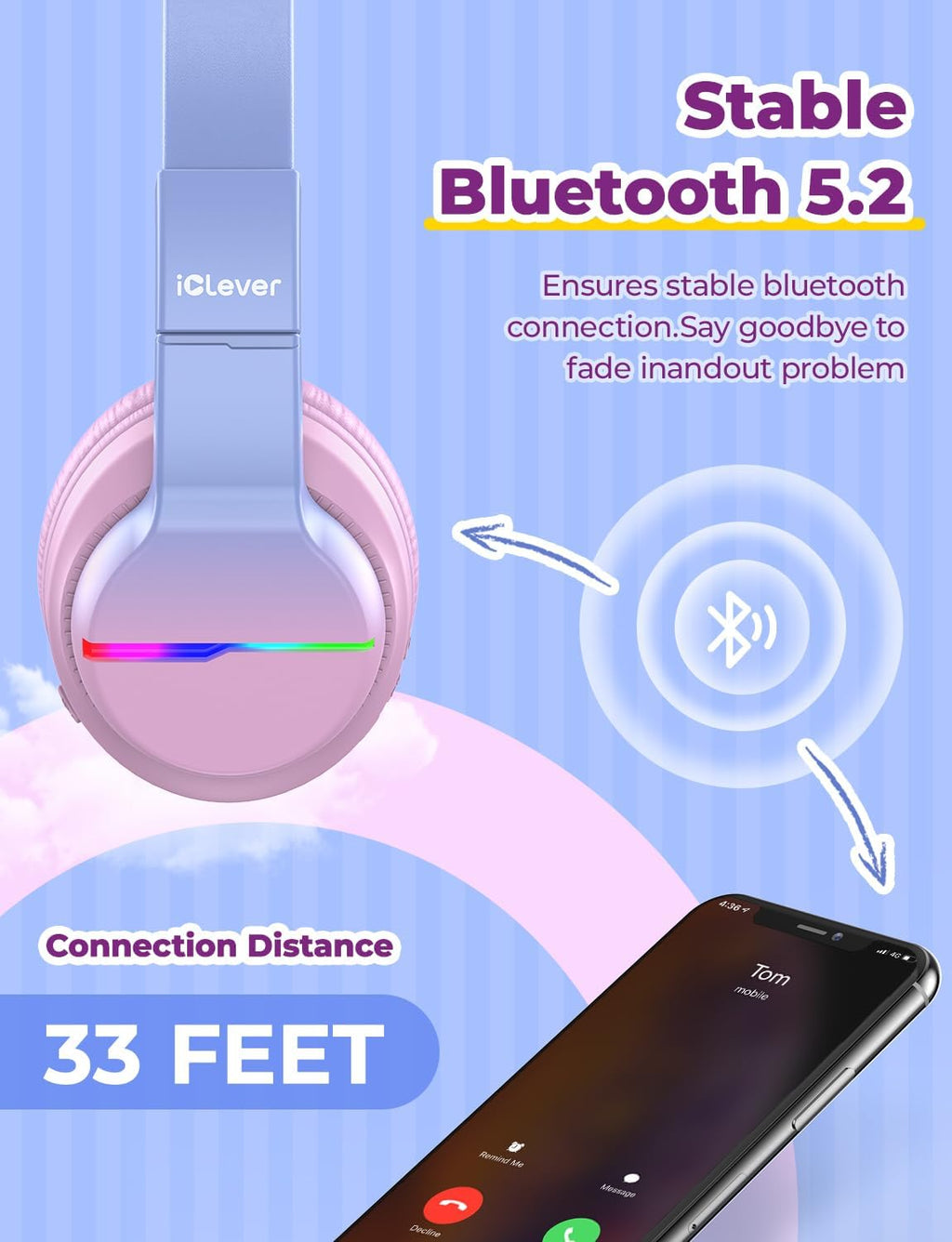 iClever BTH12 Bluetooth-Kopfhörer für Kinder mit LED-Beleuchtung, 85 Stunden Wiedergabezeit, ideal für Reisen
