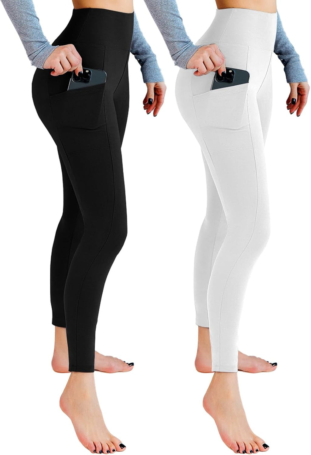 Leafigure Lot de 2 leggings de sport opaques taille haute avec poches pour entraînement, sport, yoga, course à pied