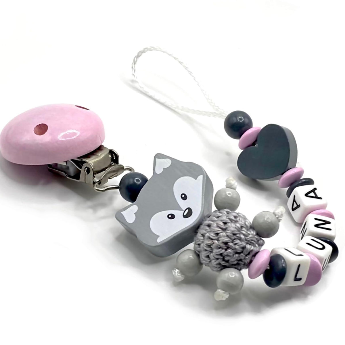 Schnullerband mit Namen für Mädchen & Jungen personalisierte Baby Geschenke (REH Herzchen)