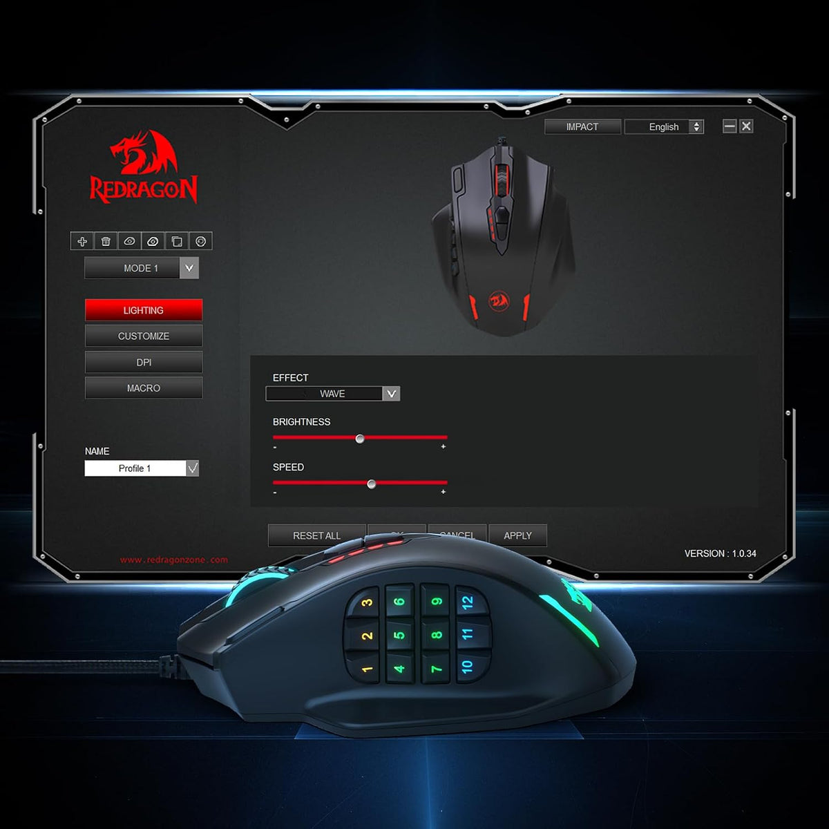 Redragon M908 Impact MMO Gaming Maus Kabelgebunden RGB 12400 DPI
