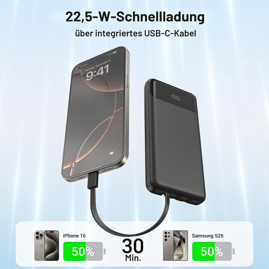 Power Bank 20000mAh, Powerbank 22,5W Schnellladung mit Integrierten 3 Kabel