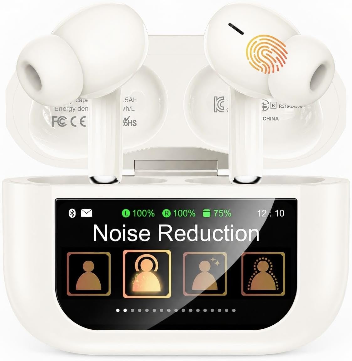 Bluetooth 5.4 Kabellose In-Ear Kopfhörer mit Smart Touchscreen, 48 Std. Wiedergabezeit, Aktive ANC Geräuschunterdrückung + ENC Anrufverarbeitung, 5 EQ-Modi, HiFi Stereo, IPX7 Wasserdicht Austerweiß