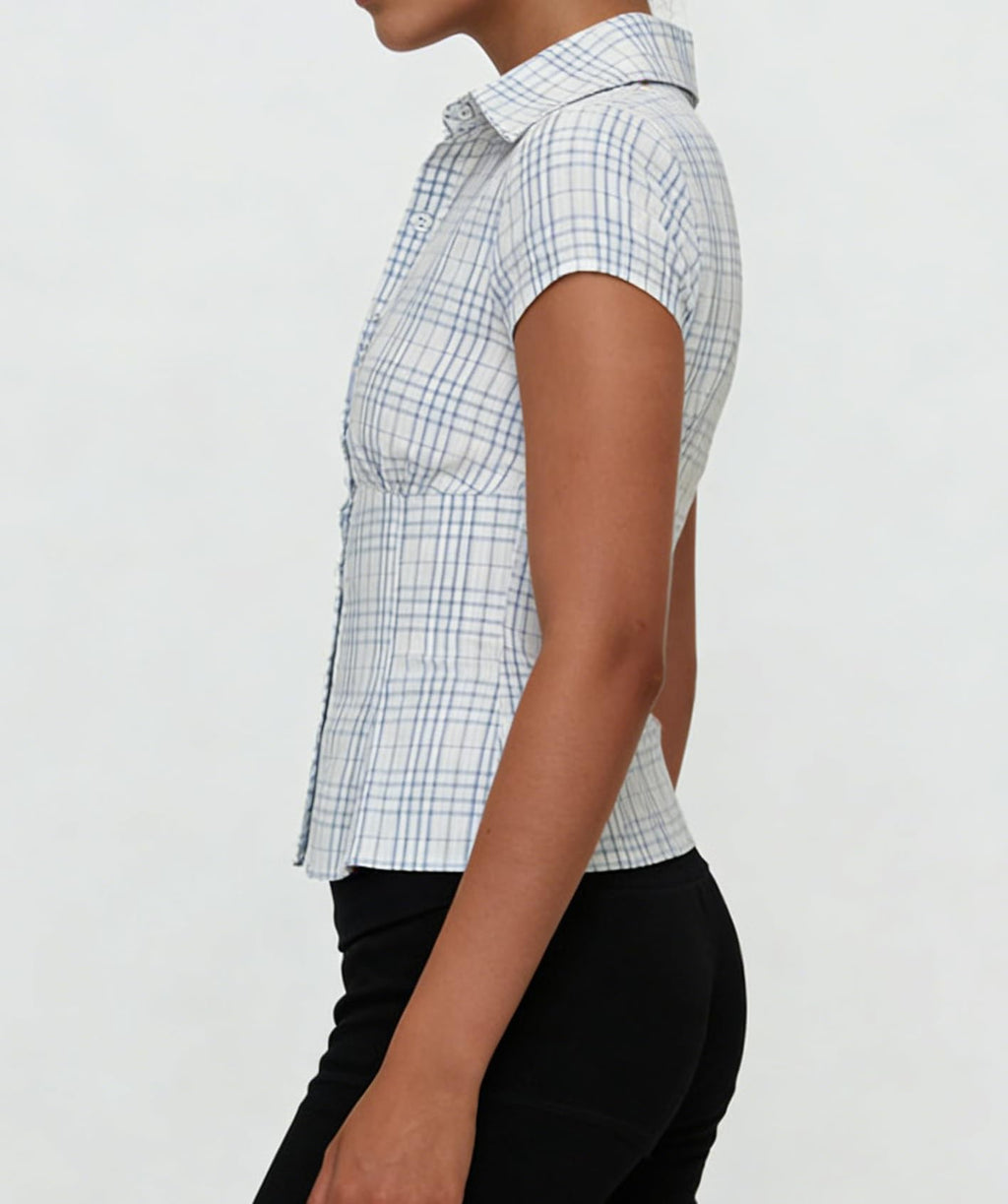 Damen Y2K Kurzarm-Bluse mit Knopfleiste, körperbetont und mit Kragen