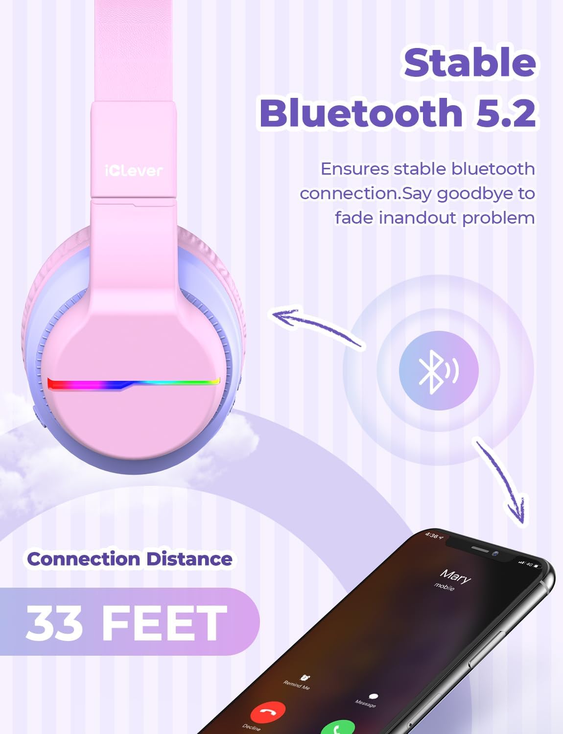 iClever BTH12 Bluetooth-Kopfhörer für Kinder mit LED-Beleuchtung, 85 Stunden Wiedergabezeit, ideal für Reisen