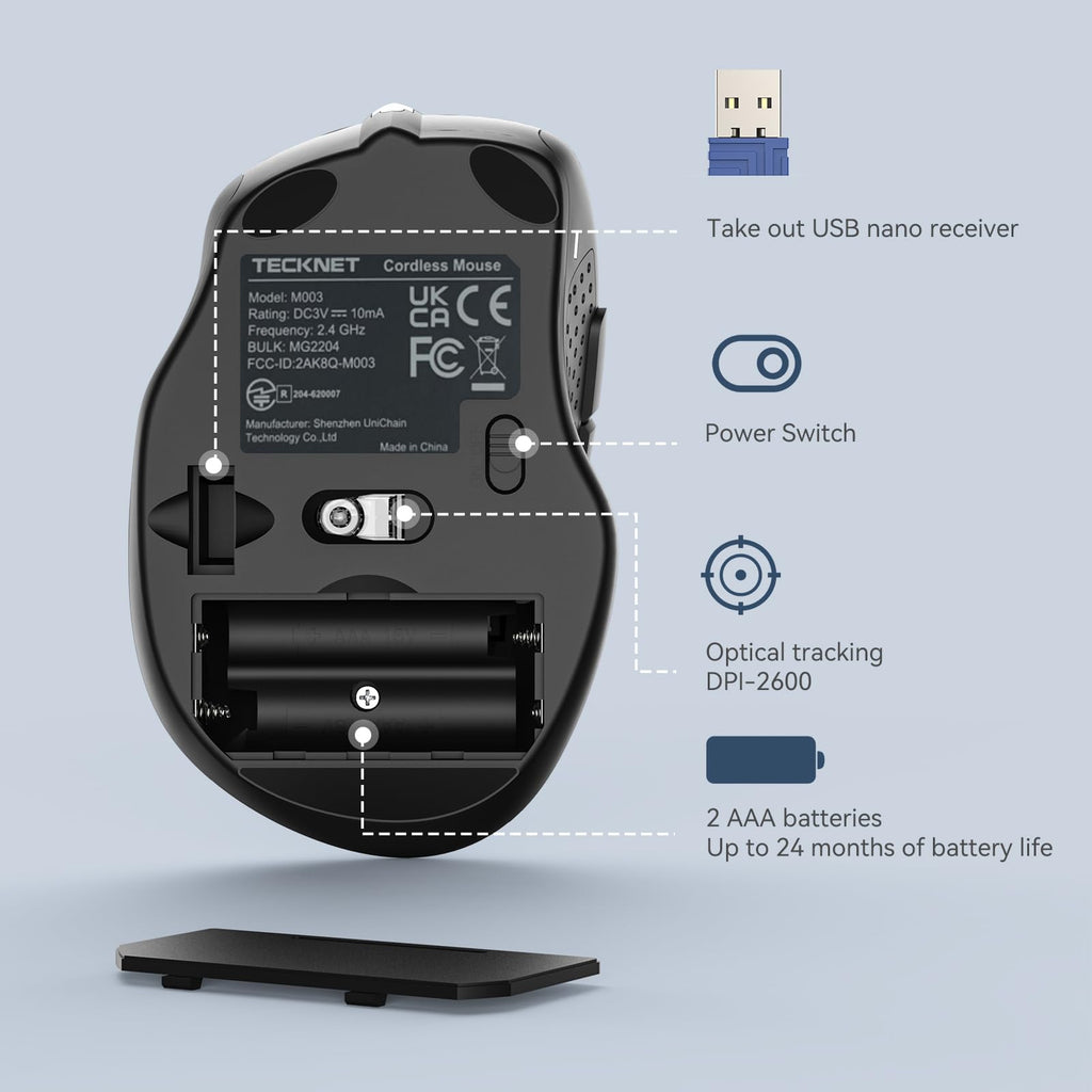 TECKNET Kabellose Maus, 2.4G Optische Funkmaus mit USB Empfänger, Grau