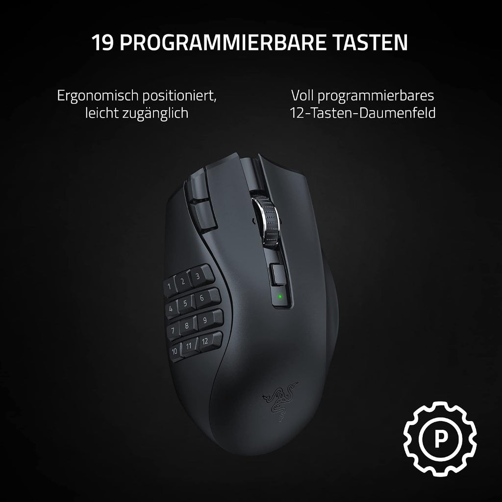 Razer Naga V2 HyperSpeed - Ergonomische Kabellose MMO Gaming Maus (19 Programmierbaren Tasten, Wireless 2,4 GHz, Bluetooth, Bis zu 250 Stunden, Focus Pro 30K Optischer Sensor) Schwarz