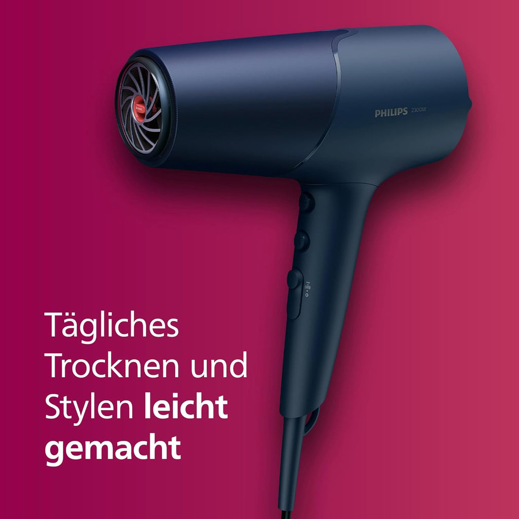 Philips Haartrockner 5000 Series, ThermoShield Technologie, Ionisierungsfunktion, 2.300 W, Metallic-Blau, mit 9-mm- und 11-mm-Stylingdüse, Volumendiffusor, BHD510/20