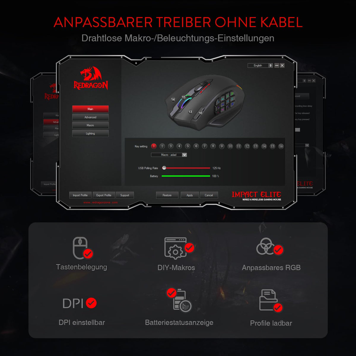 Redragon M908 Impact MMO Gaming Maus Kabelgebunden RGB 12400 DPI