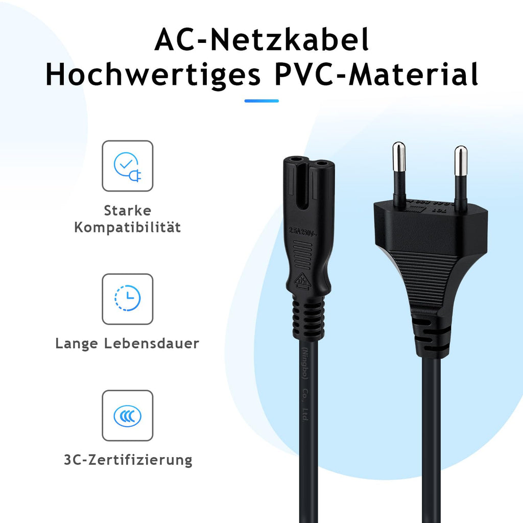 Mcbazel 1,5m Stromkabel C7 Eurostecker (Achterstecker), 2-poliges Netzkabel für PS5,PS4,PS3,PS2,PS1,Xbox, Smart-TV, Drucker, Radio & Monitor, Ersatz Kleingerätekabel, Schwarz