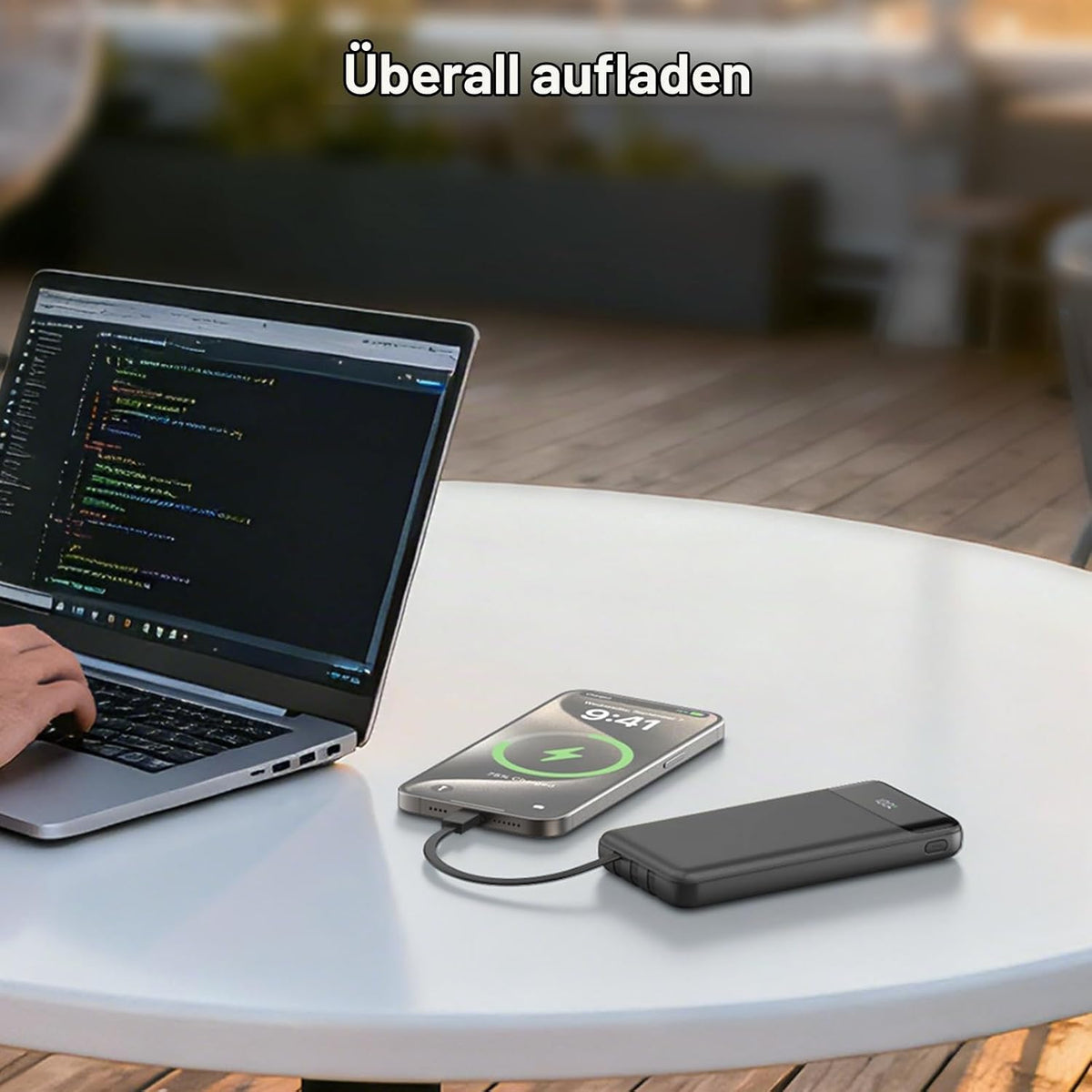 Power Bank 20000mAh, Powerbank 22,5W Schnellladung mit Integrierten 3 Kabel