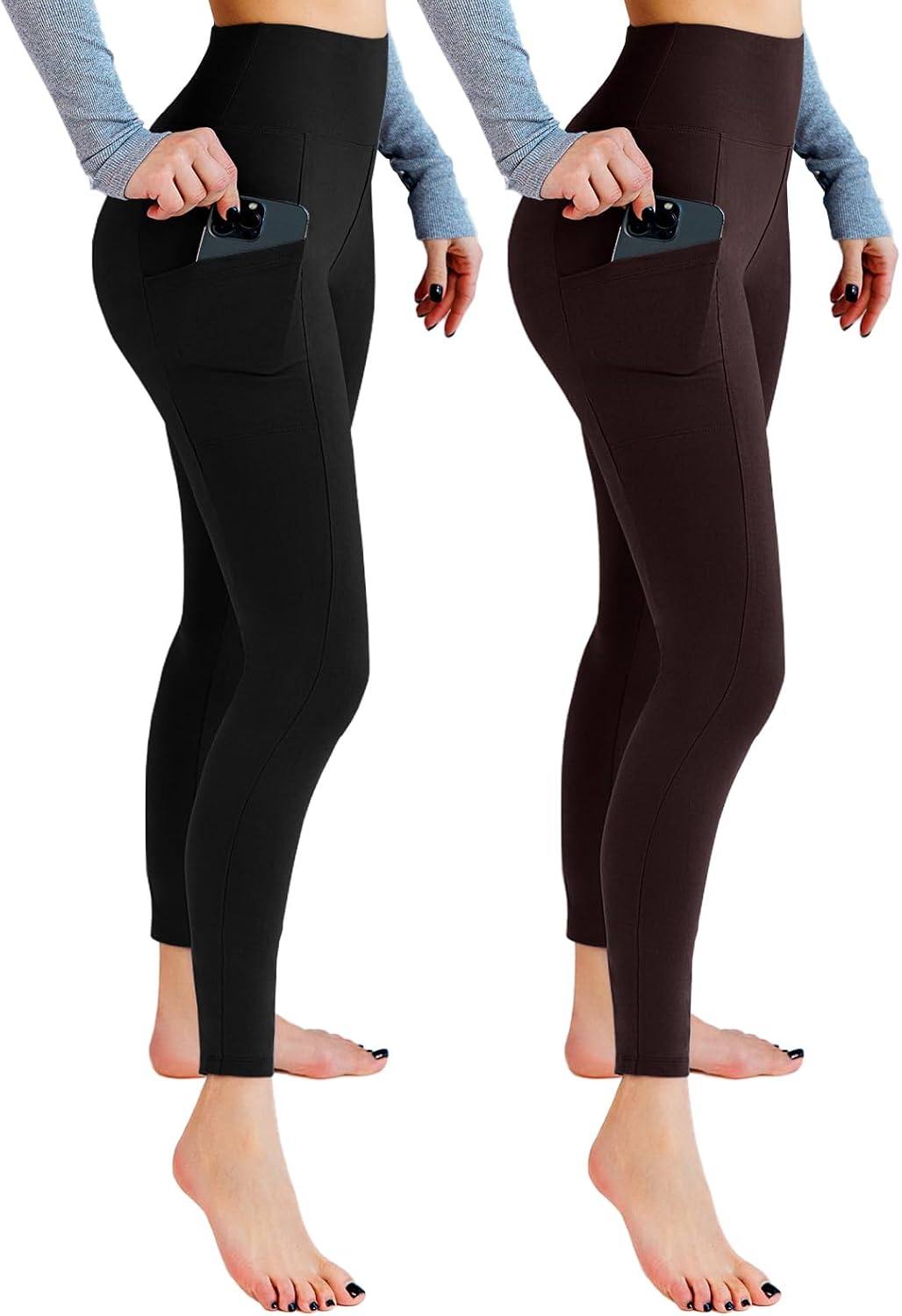 Leafigure Lot de 2 leggings de sport opaques taille haute avec poches pour entraînement, sport, yoga, course à pied