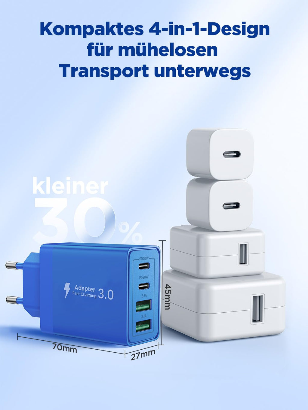 USB C Ladegerät, 40W 4-Port USB ladegerät Mehrfach Schnellladegerät PD 3.0