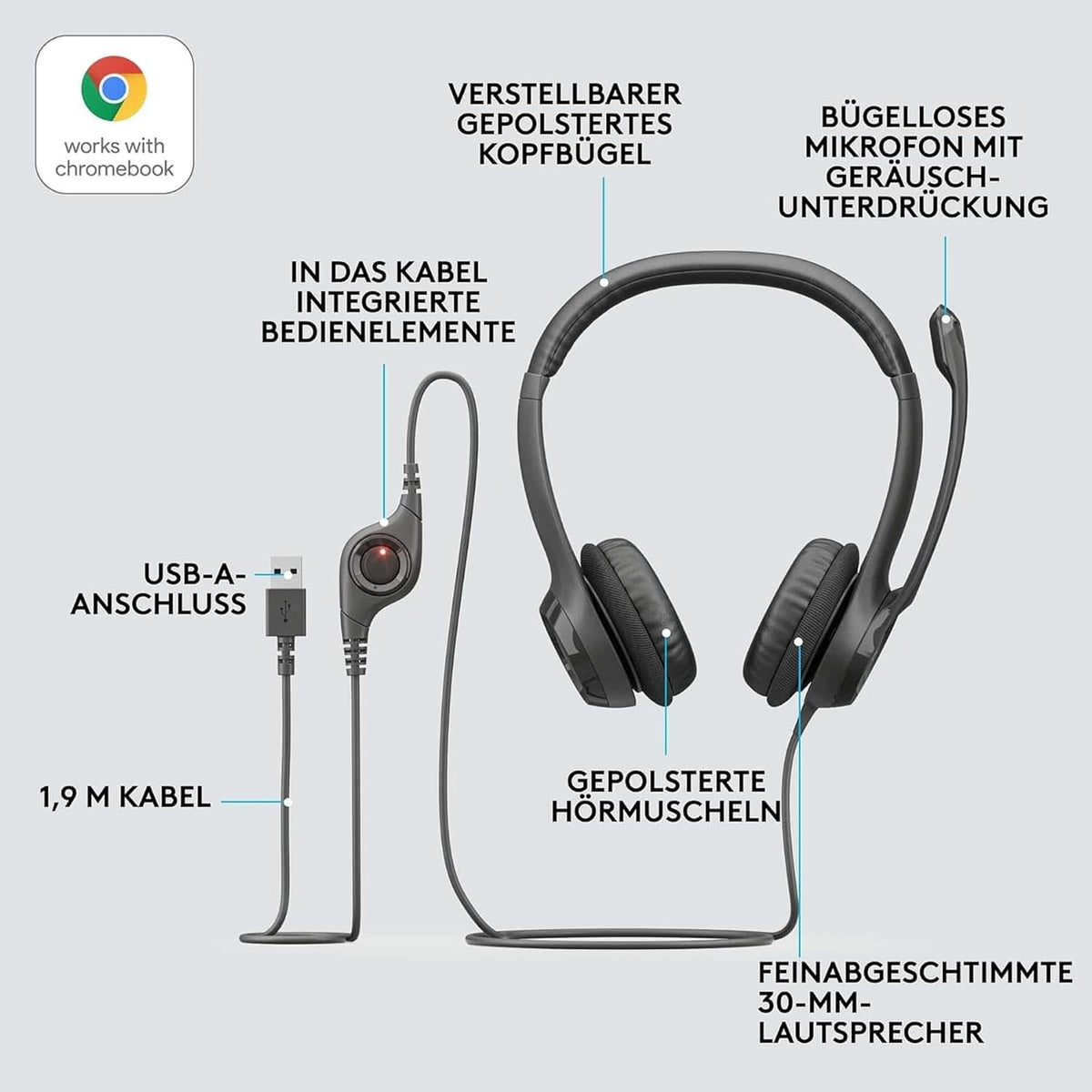 Logitech H390 Kopfhörer für PC zuhause, PC-Headset mit Mikrofon, Schwarz