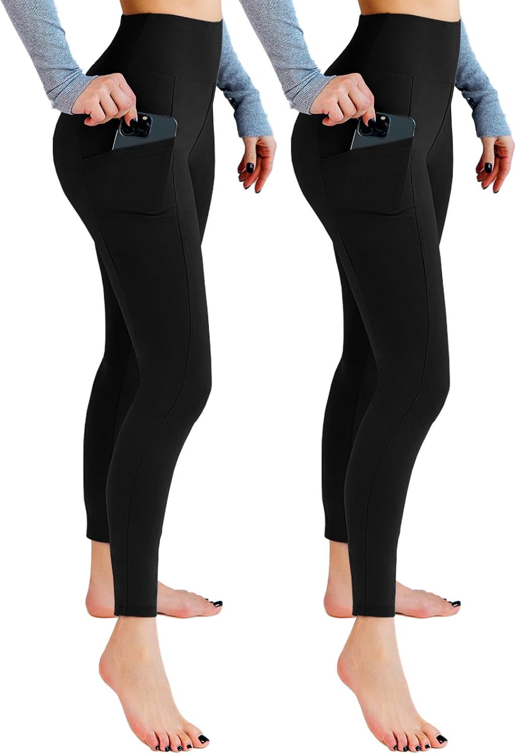 Leafigure Lot de 2 leggings de sport opaques taille haute avec poches pour entraînement, sport, yoga, course à pied