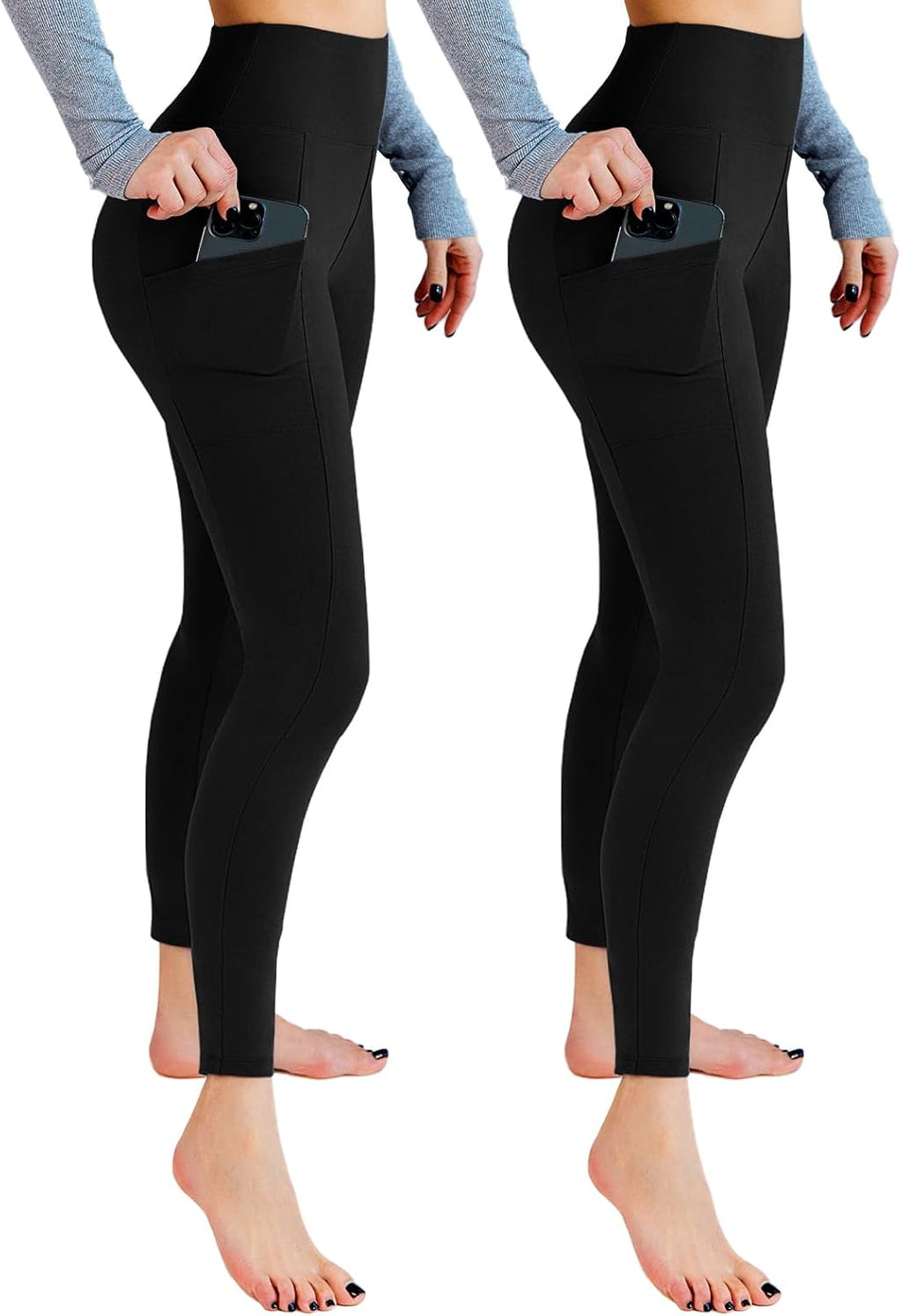 Leafigure Lot de 2 leggings de sport opaques taille haute avec poches pour entraînement, sport, yoga, course à pied