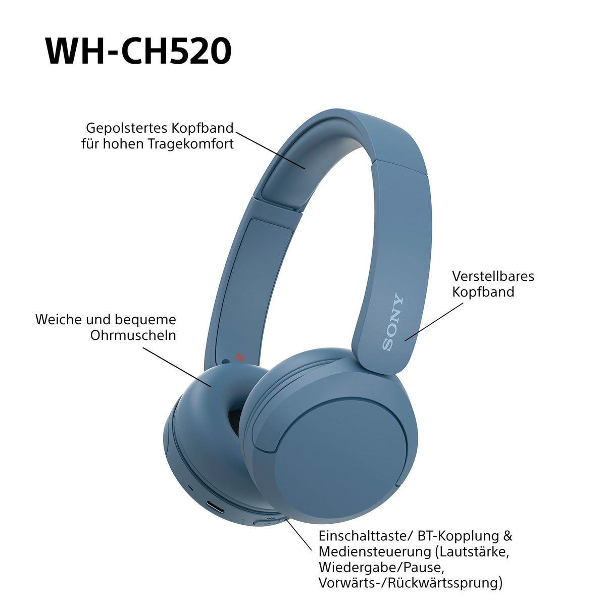 Sony WH-CH520 Kabellose Bluetooth-Kopfhörer - bis zu 50 Stunden Akkulaufzeit mit Schnellladefunktion, On-Ear-Modell - Schwarz