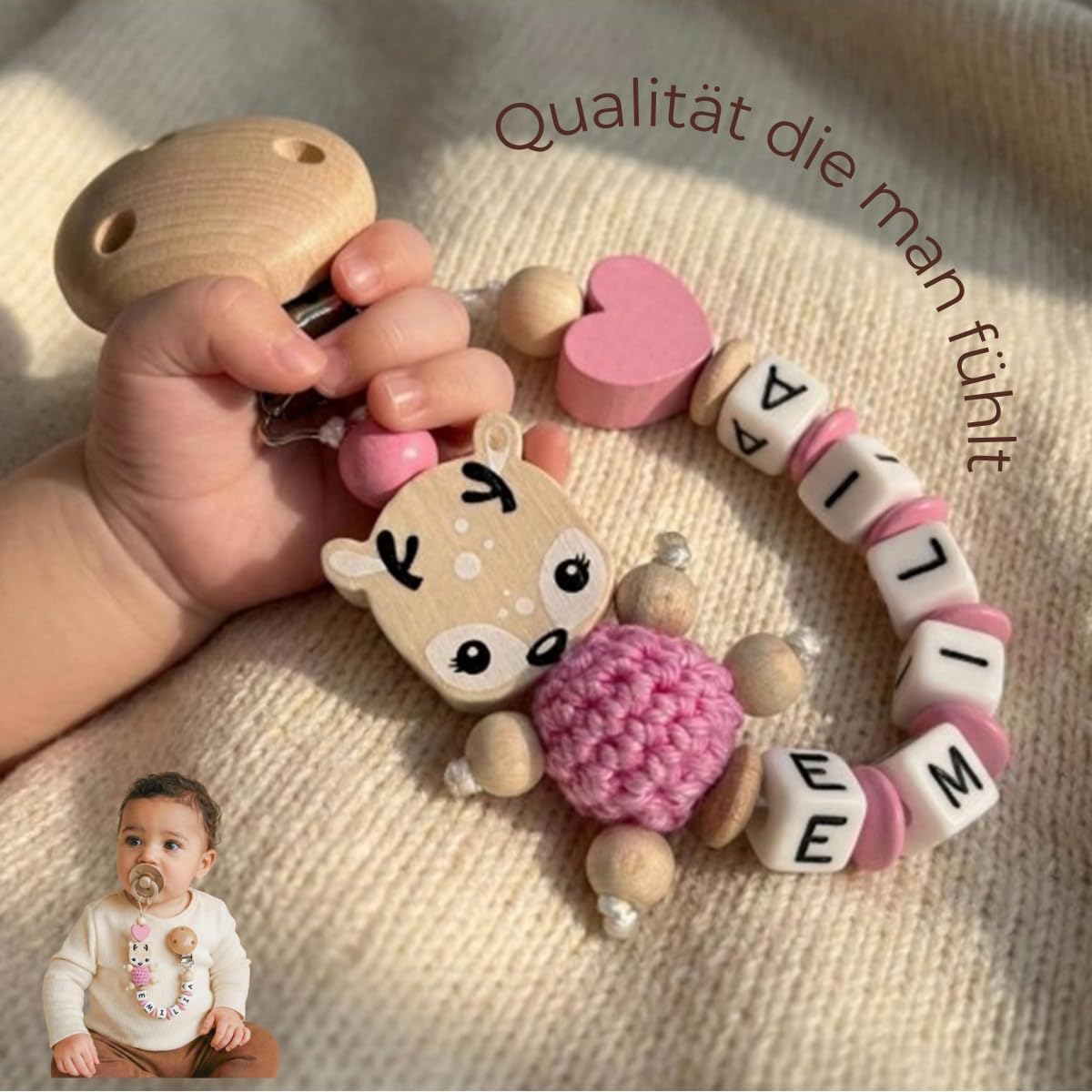 Schnullerband mit Namen für Mädchen & Jungen personalisierte Baby Geschenke (REH Herzchen)