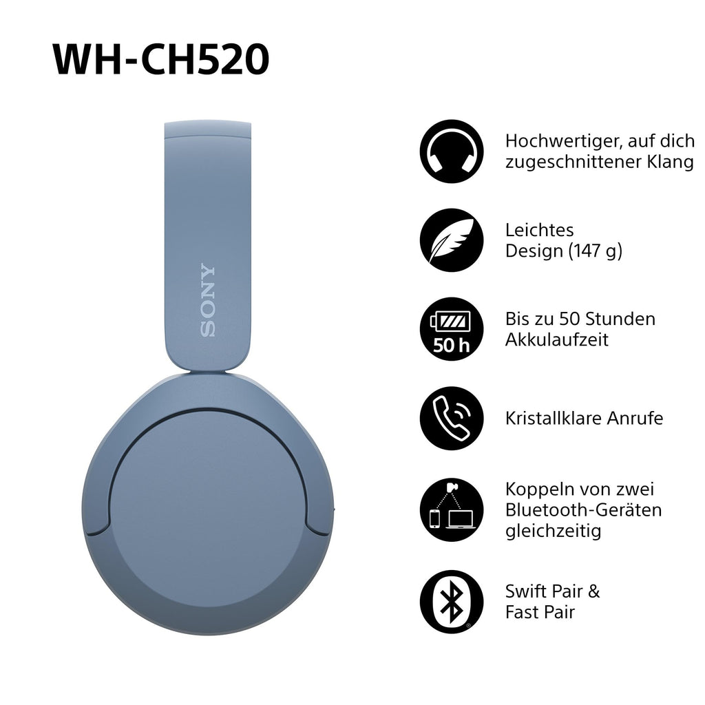 Sony WH-CH520 Kabellose Bluetooth-Kopfhörer - bis zu 50 Stunden Akkulaufzeit mit Schnellladefunktion, On-Ear-Modell - Schwarz