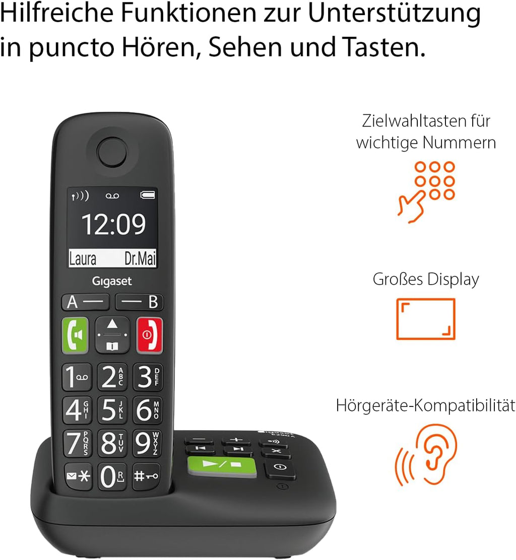 Gigaset E290A Duo - 2 Schnurlose Senioren DECT-Telefone mit Anrufbeantworter - großen Tasten und Display, Zielwahltasten für wichtige Nummern, Verstärker-Funktion für extra lautes Hören, schwarz