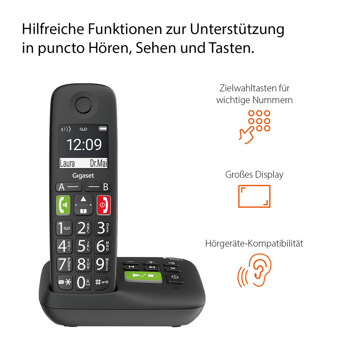 Gigaset E290A Duo - 2 Schnurlose Senioren DECT-Telefone mit Anrufbeantworter - großen Tasten und Display, Zielwahltasten für wichtige Nummern, Verstärker-Funktion für extra lautes Hören, schwarz