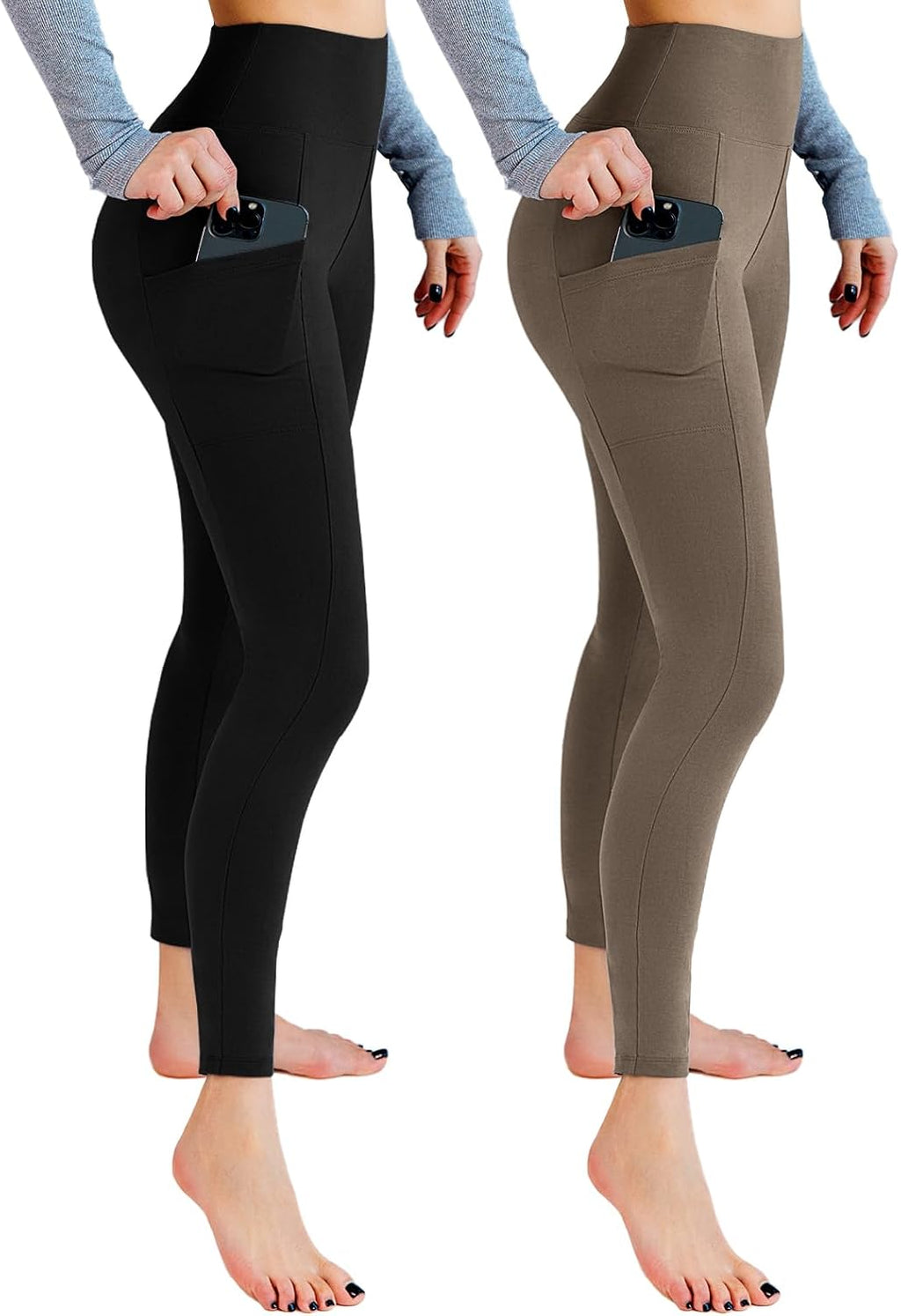Leafigure Lot de 2 leggings de sport opaques taille haute avec poches pour entraînement, sport, yoga, course à pied