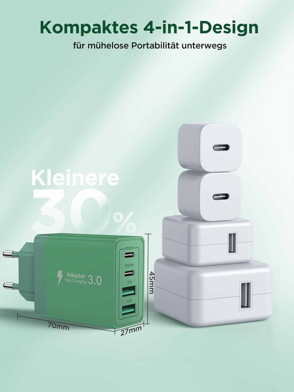 USB C Ladegerät, 40W 4-Port USB ladegerät Mehrfach Schnellladegerät PD 3.0