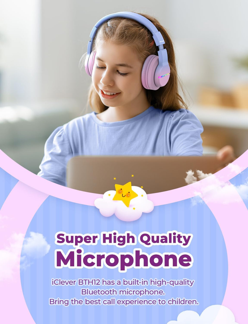 iClever BTH12 Bluetooth-Kopfhörer für Kinder mit LED-Beleuchtung, 85 Stunden Wiedergabezeit, ideal für Reisen
