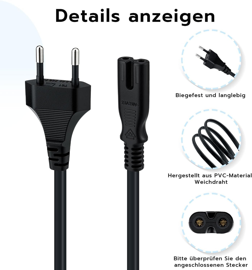 Mcbazel 1,5m Stromkabel C7 Eurostecker (Achterstecker), 2-poliges Netzkabel für PS5,PS4,PS3,PS2,PS1,Xbox, Smart-TV, Drucker, Radio & Monitor, Ersatz Kleingerätekabel, Schwarz
