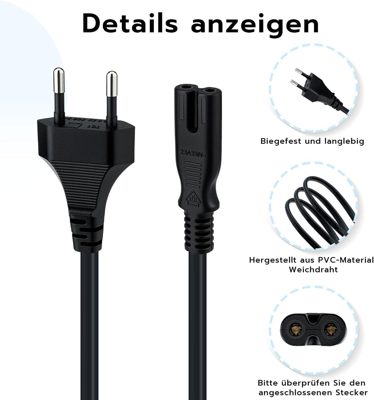 Mcbazel 1,5m Stromkabel C7 Eurostecker (Achterstecker), 2-poliges Netzkabel für PS5,PS4,PS3,PS2,PS1,Xbox, Smart-TV, Drucker, Radio & Monitor, Ersatz Kleingerätekabel, Schwarz