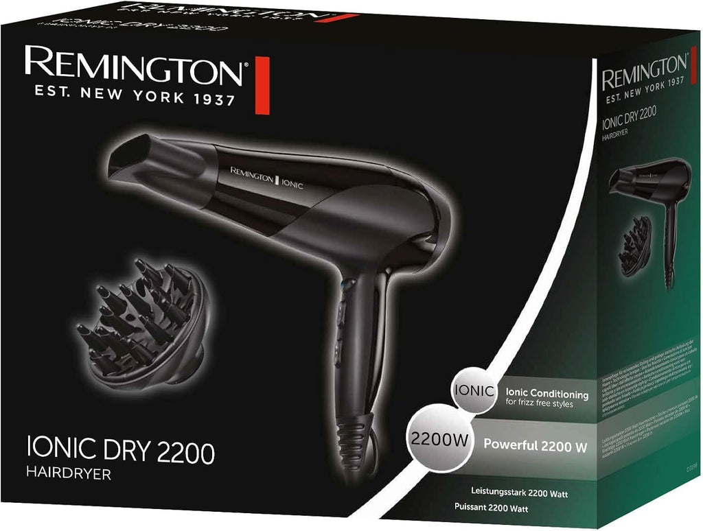 Remington Haartrockner Ionen [leicht, Diffusor & Stylingdüse] schwarz (2200W, Keramik-Ionen: schonendes Styling & gleichmäßige Wärmeverteilung, 3 Heiz- & 2 separate Gebläsestufen + Abkühlstufe) D3198