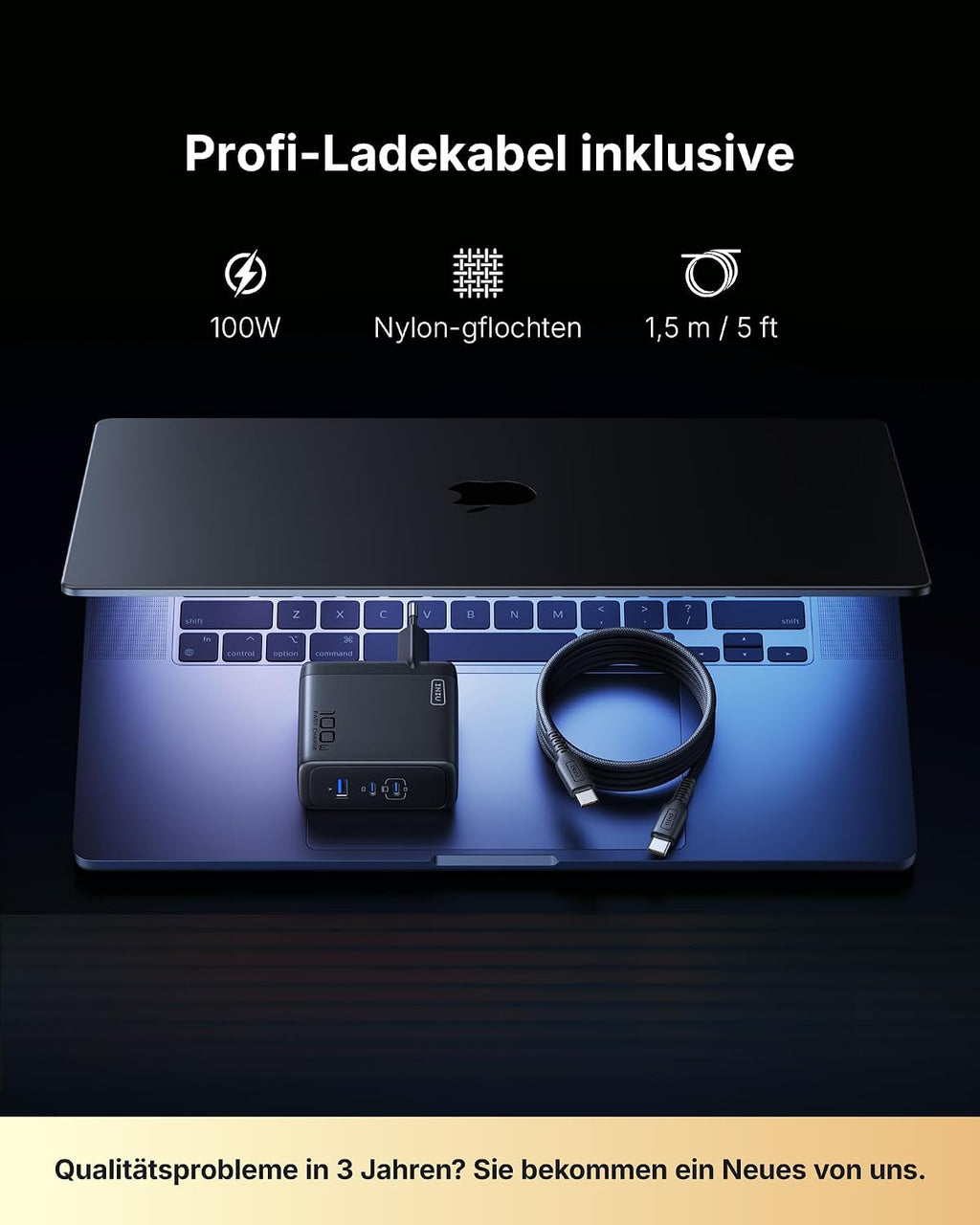 INIU USB C Ladegerät, 100W 3-Port Laptop Schnellladegerät mit 1.5m Kabel