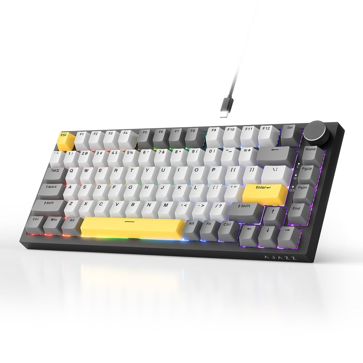 AJAZZ AK820 Mechanical Keyboard, 75% Hot Swappable Wired Keyboard with Volume Control Knob, QWERTY Layout, PBT Keycaps, Five-Layer Sound Insulation Pad, 82-Key Gaming Keyboard, Grey White