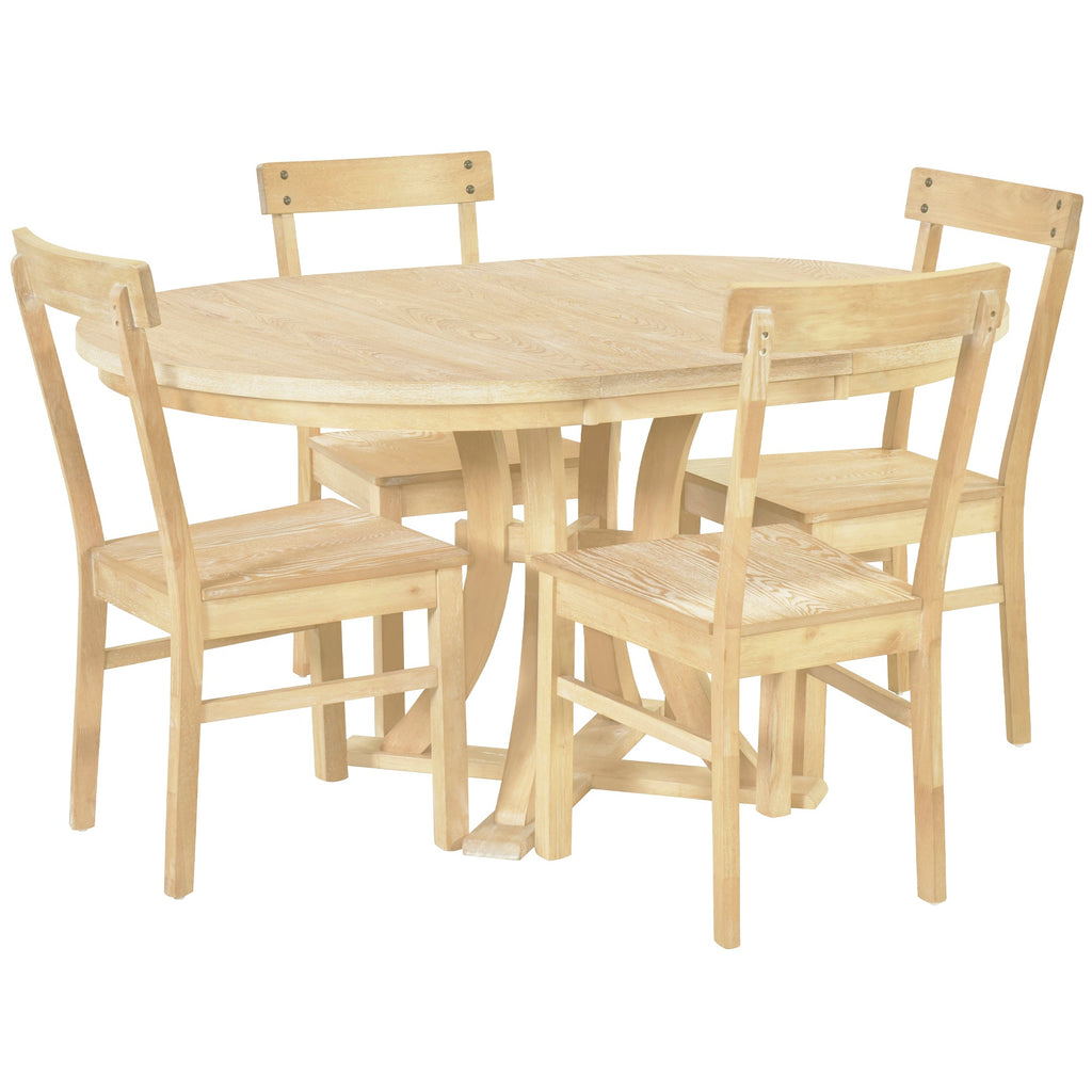 5-Piece Rustic Round Pedestal Extendable Dining Table Set With 15.7" Removable Leaf and Simple Dining Chirs for Small Pl