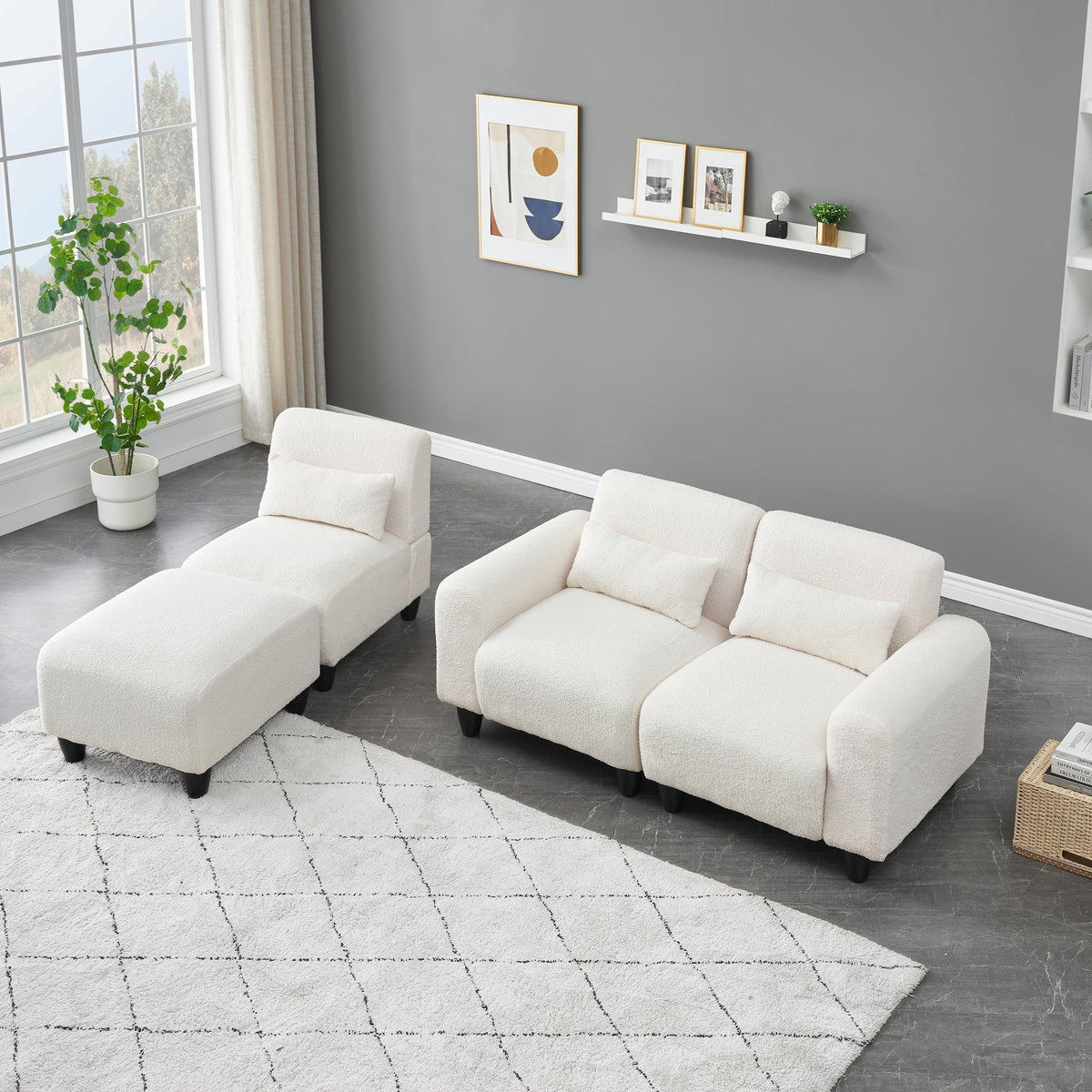 The 84.6-Inch Beige Teddy Fleece Creative Sofa Can Be Assembled Into a Two-Seater Sofa Plus a Single Couch With Three Wa