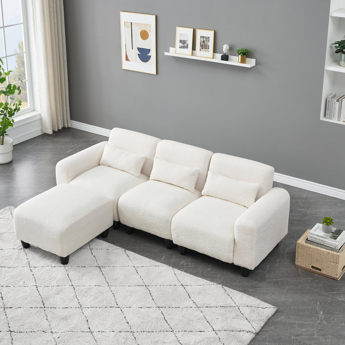 The 84.6-Inch Beige Teddy Fleece Creative Sofa Can Be Assembled Into a Two-Seater Sofa Plus a Single Couch With Three Wa