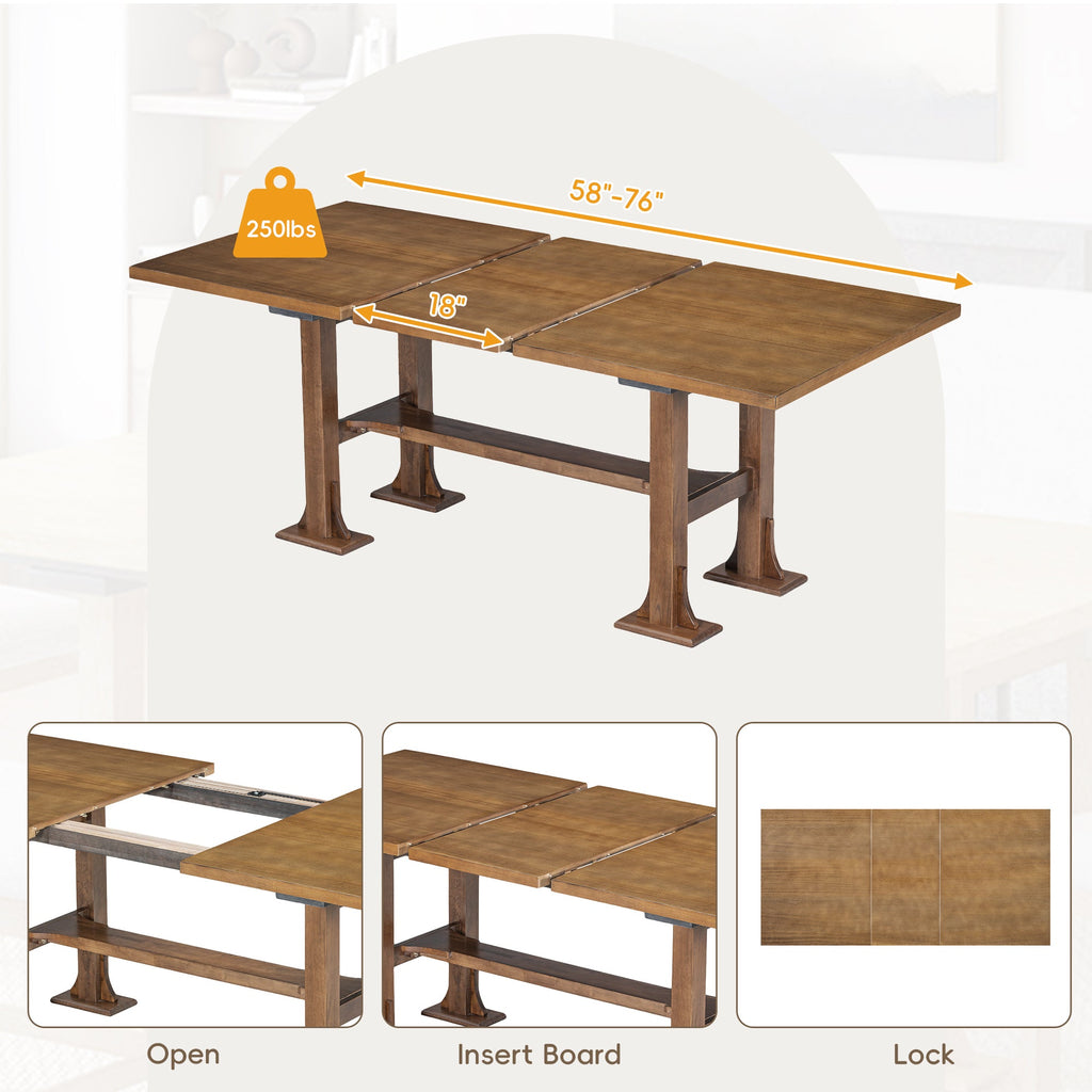 Farmhouse 76inch 6-Piece Extendable Dining Table Set Trestle Kitchen Table Set With 18inch Removable Leaf and Upholstere