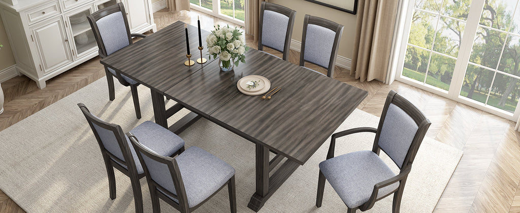7-Piece Updated 76.9inch Extendable Trestle Dining Table Set With Removable Leaf, Kitchen Table Set With Upholstered Sid