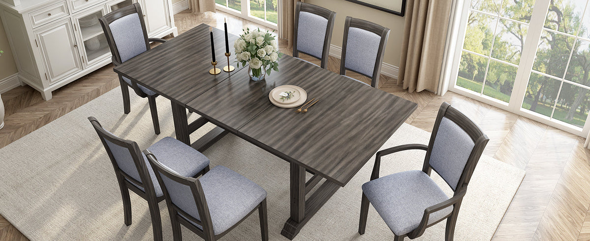 7-Piece Updated 76.9inch Extendable Trestle Dining Table Set With Removable Leaf, Kitchen Table Set With Upholstered Sid