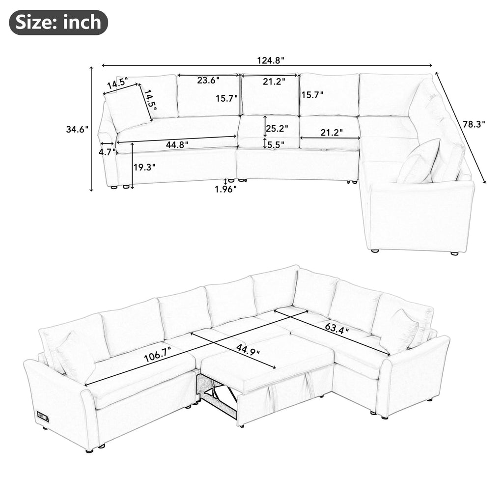 124.8"l-Shaped Sofa Convertible Sofa Bed Pull Out Sofa Sleeper With Two Back Pillows, Two USB Ports and Two Power Socket