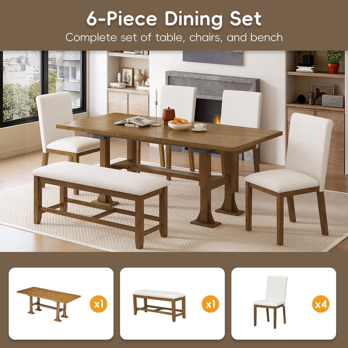 Farmhouse 76inch 6-Piece Extendable Dining Table Set Trestle Kitchen Table Set With 18inch Removable Leaf and Upholstere