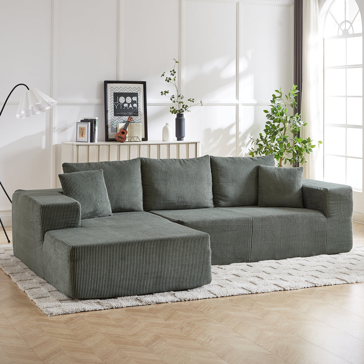Sofá seccional moderno tapizado en pana, conjunto modular en forma de L de 108" para sala de estar con 5 cojines