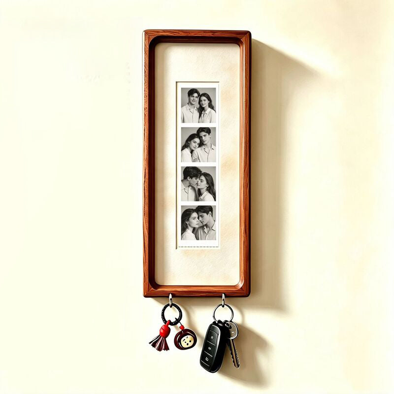 Cadre photo en bois pour couple avec porte-clés – Cadre photo mural, porte-clés à rayures vintage, cadeau d'anniversaire