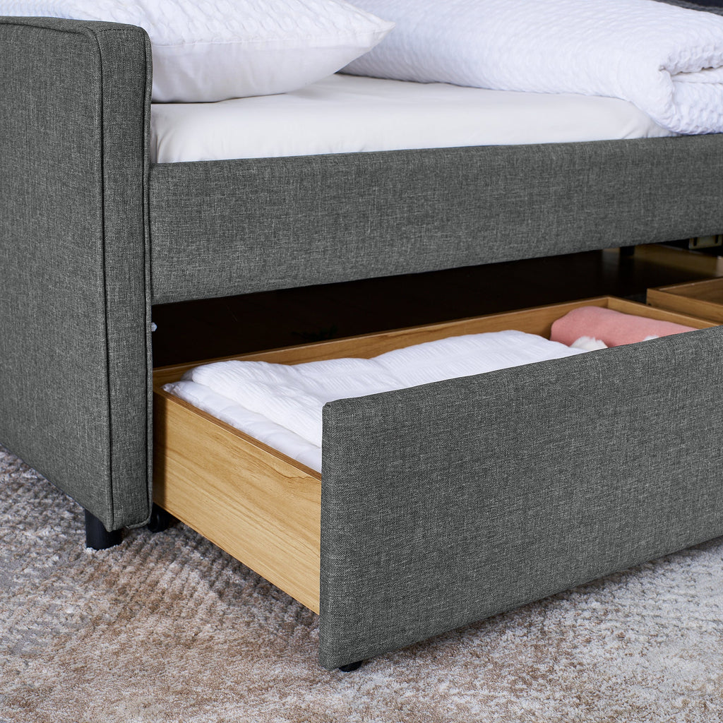 Twin Size Upholstery Sofa Bed With Three LED Lights, With Storage Adjustable Headboard, With Two Storage Pull Up Drawers