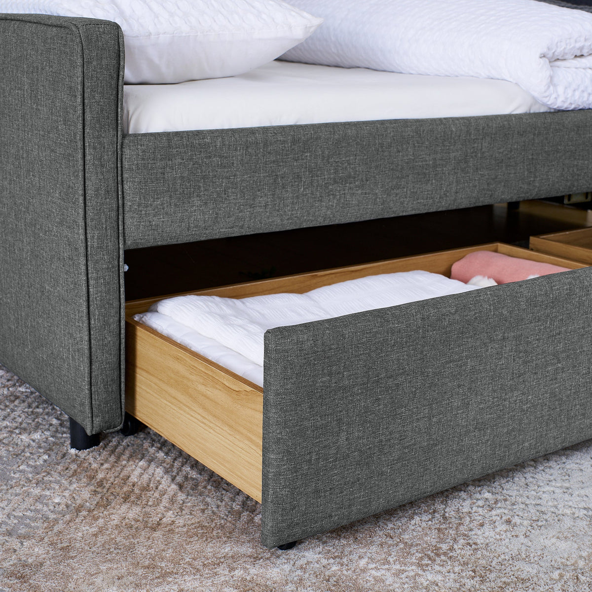 Twin Size Upholstery Sofa Bed With Three LED Lights, With Storage Adjustable Headboard, With Two Storage Pull Up Drawers
