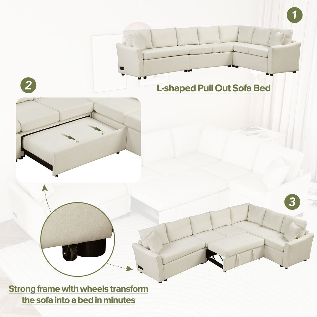 124.8"l-Shaped Sofa Convertible Sofa Bed Pull Out Sofa Sleeper With Two Back Pillows, Two USB Ports and Two Power Socket